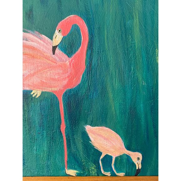 Original painting - Flamingo parent & chick signed 8" x 10" on canvas panel - Picture 4 of 4